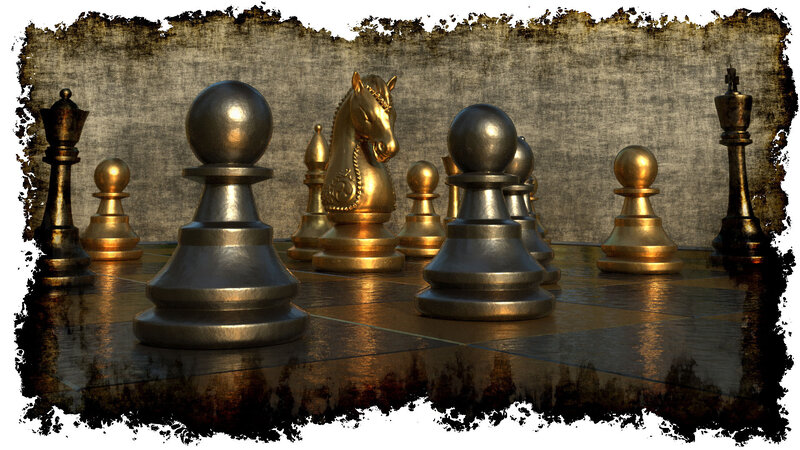 Chess Pieces on Board — Gold, Dramatic