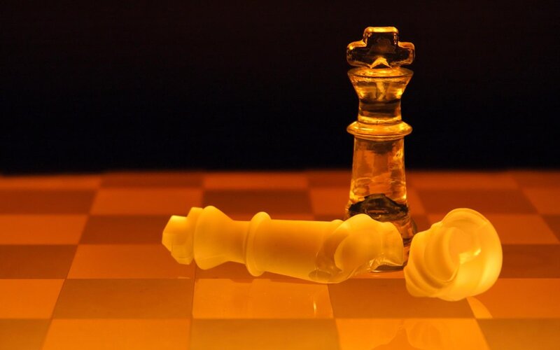 Chess Pieces on Board — Orange, Dramatic, Photograph, King, Queen
