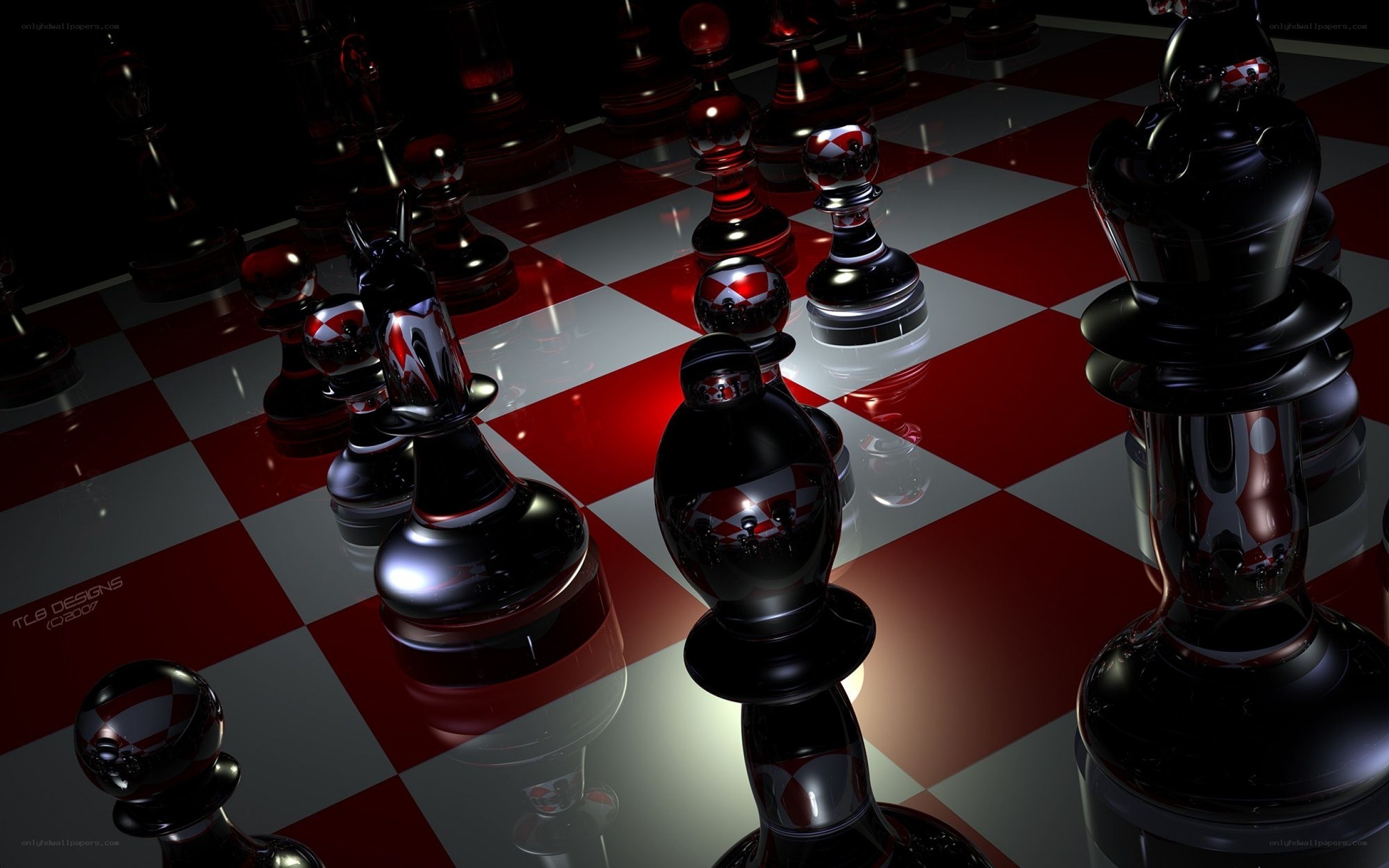 chess pieces on red and white board