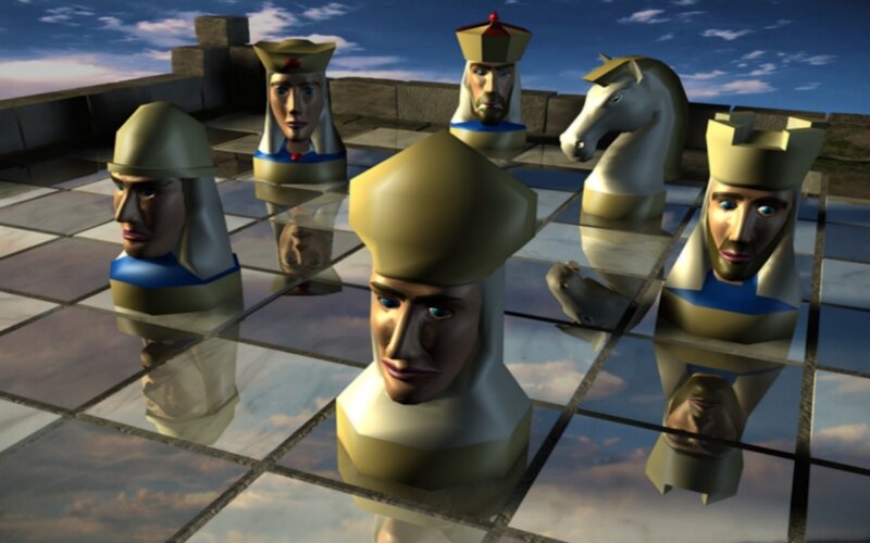 chess pieces with faces on reflective board