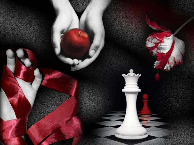 chess pieces with red apple and ribbon