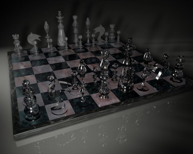 Chess Set on Board — Black, Dramatic