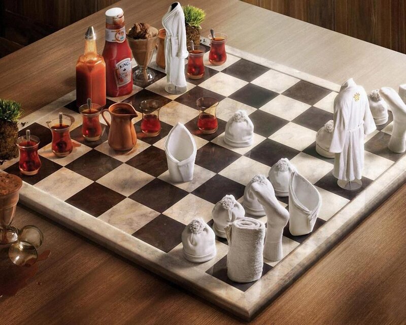 Chess Set with Food Items — Brown, Playful, Photograph
