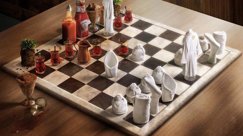 Chess Set with Food Items — Brown