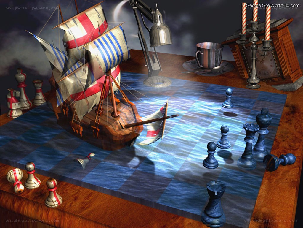 Chessboard with ship and pieces