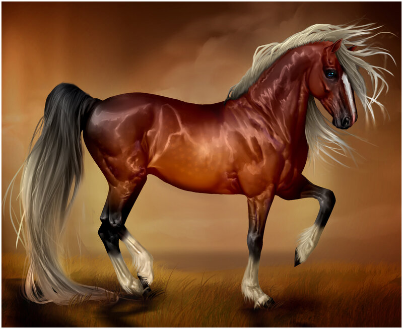 Chestnut Horse with White Mane — Brown, Dramatic, Sunset, Digital Art, Grass