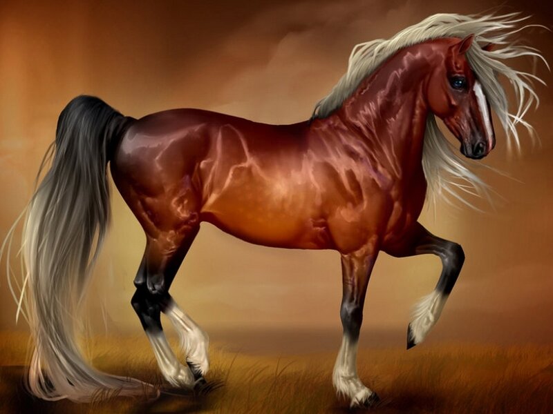 Chestnut Horse with White Mane — Brown, Dramatic, Sunset, Digital Art