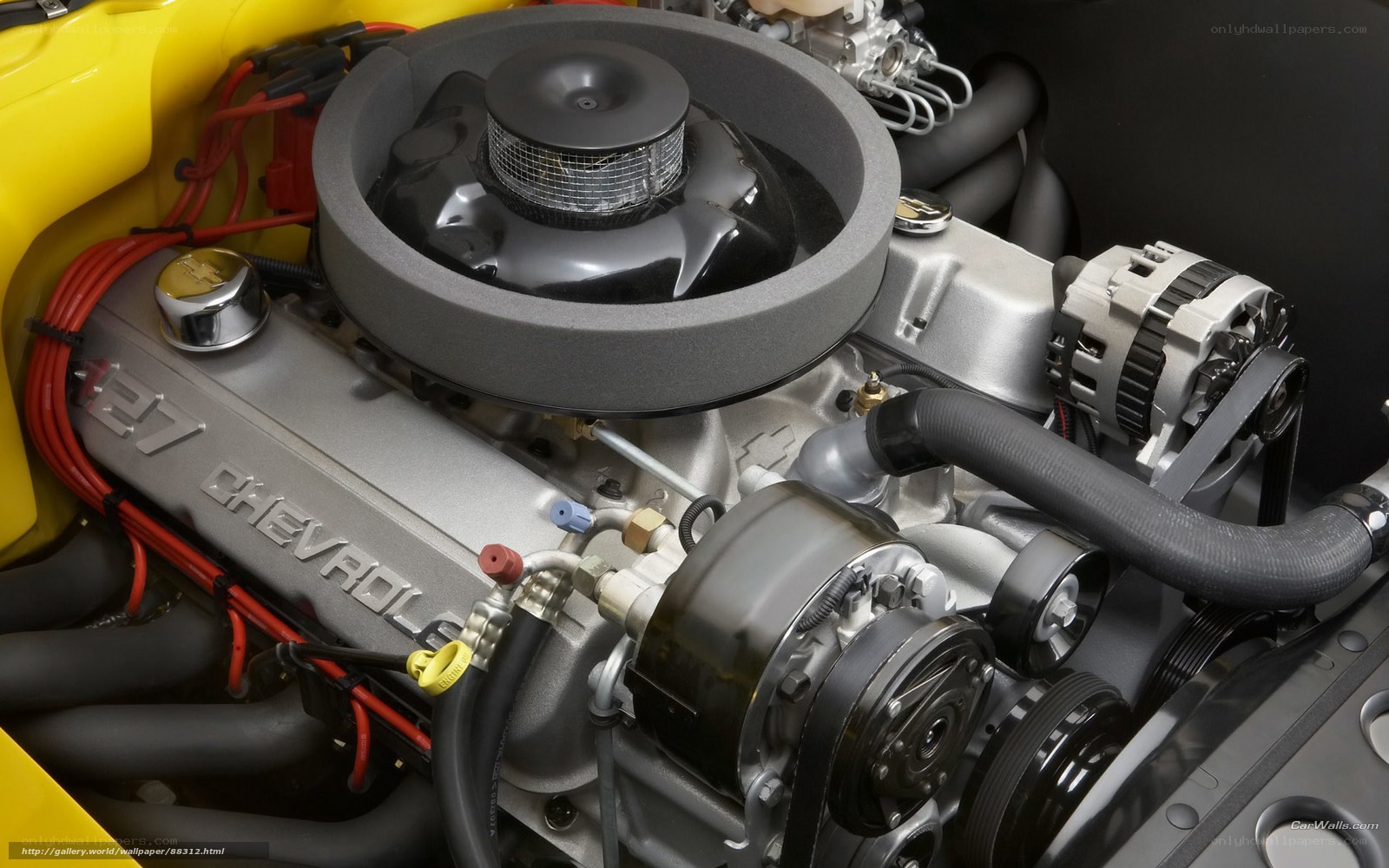Chevrolet engine in yellow car