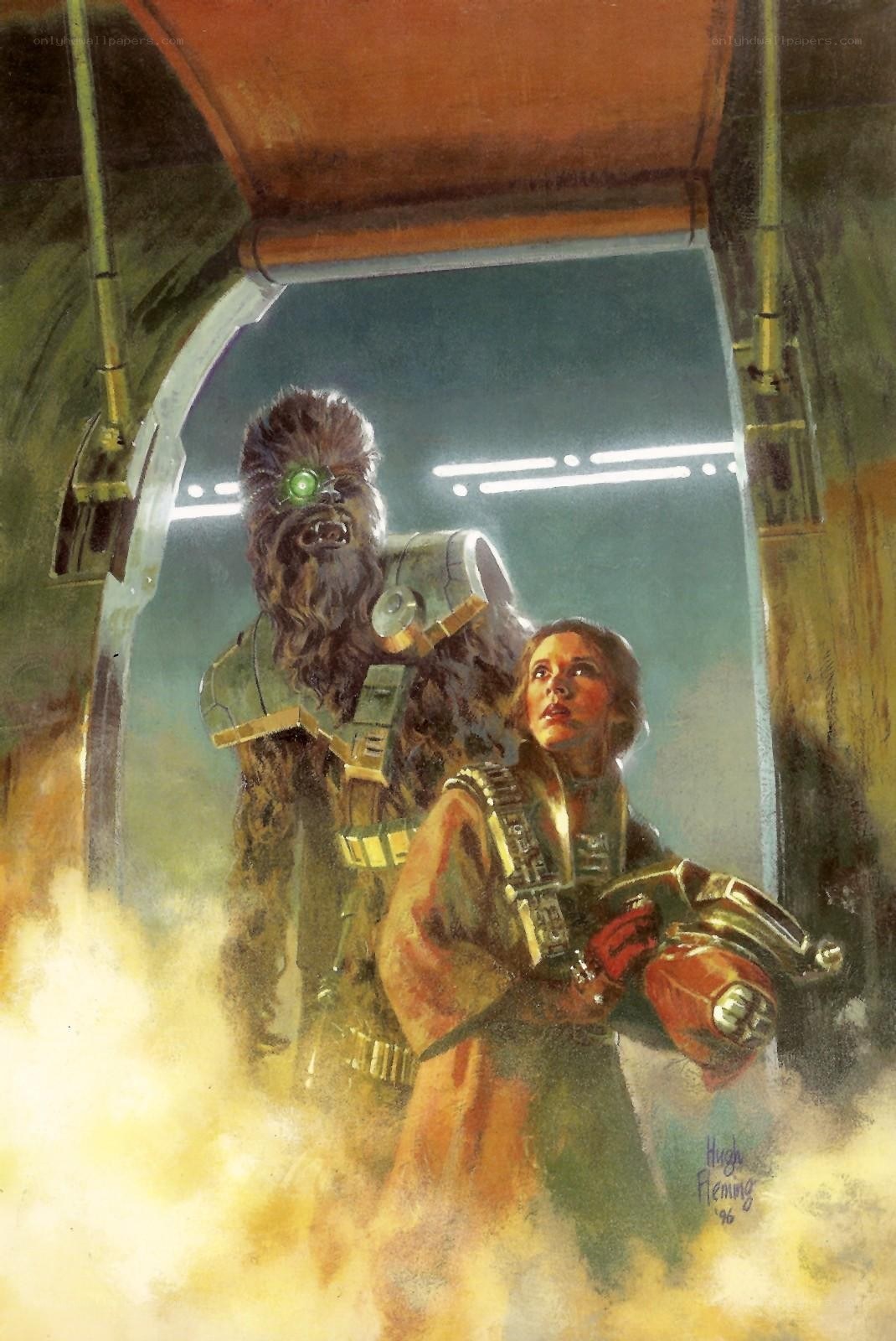 Chewbacca and Leia in a corridor