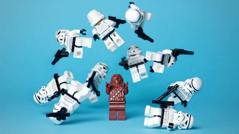 Chewbacca surrounded by stormtroopers