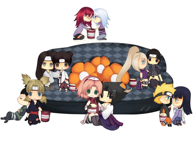Chibi Anime Characters — Black, Playful, Digital Art, Popcorn