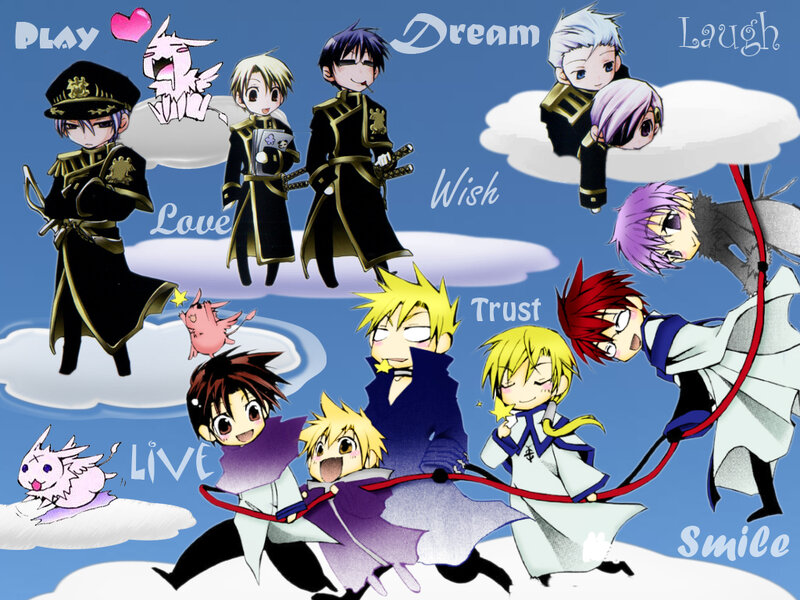 Chibi Anime Characters — Blue, Playful, Clouds