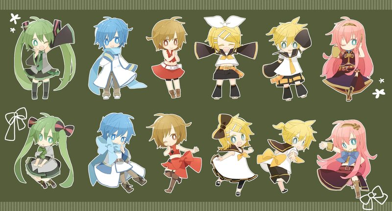 Chibi Anime Characters — Green, Playful, Digital Art, Bows