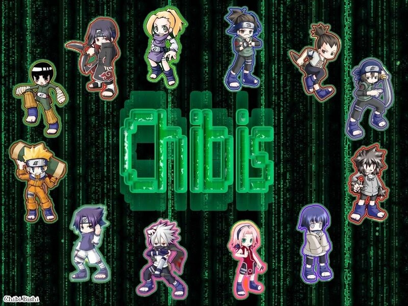 Chibi Anime Characters — Green, Playful, Digital Art, Matrix Background
