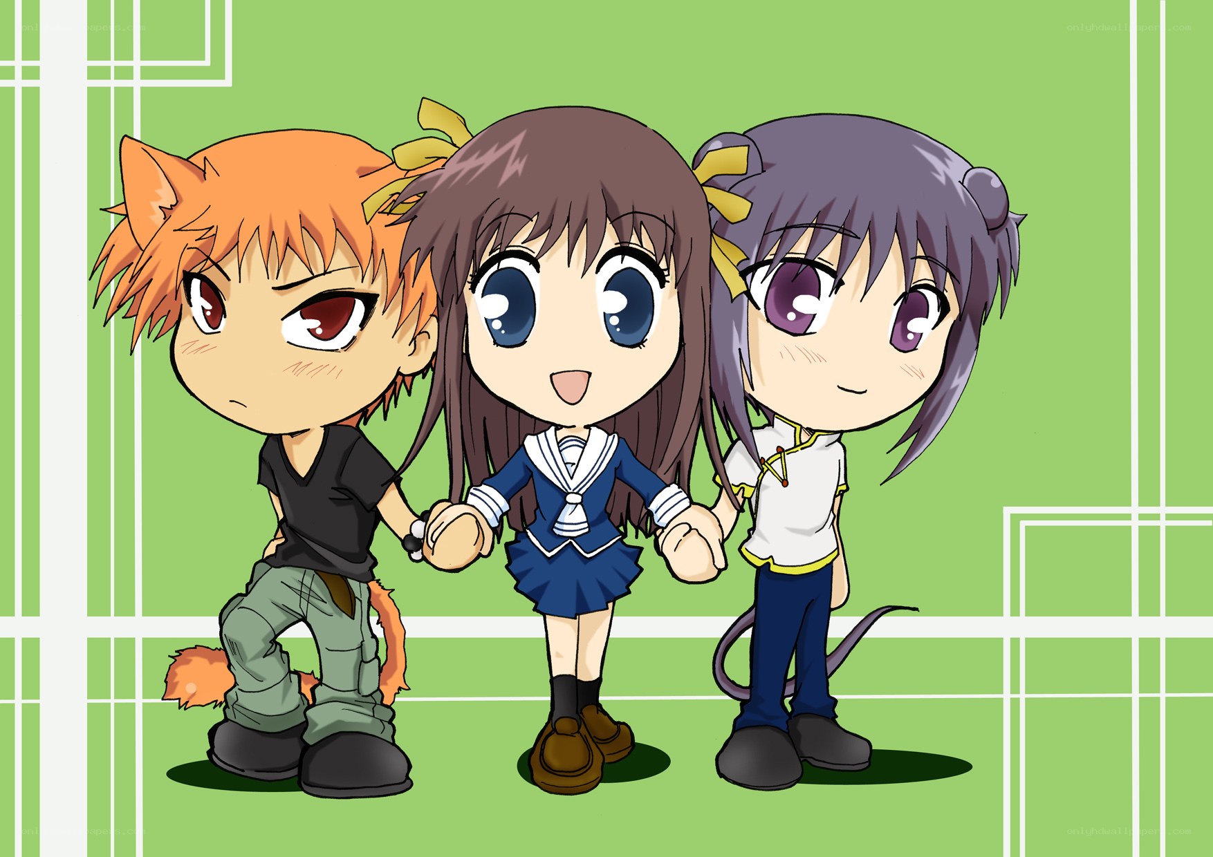 chibi anime characters holding hands