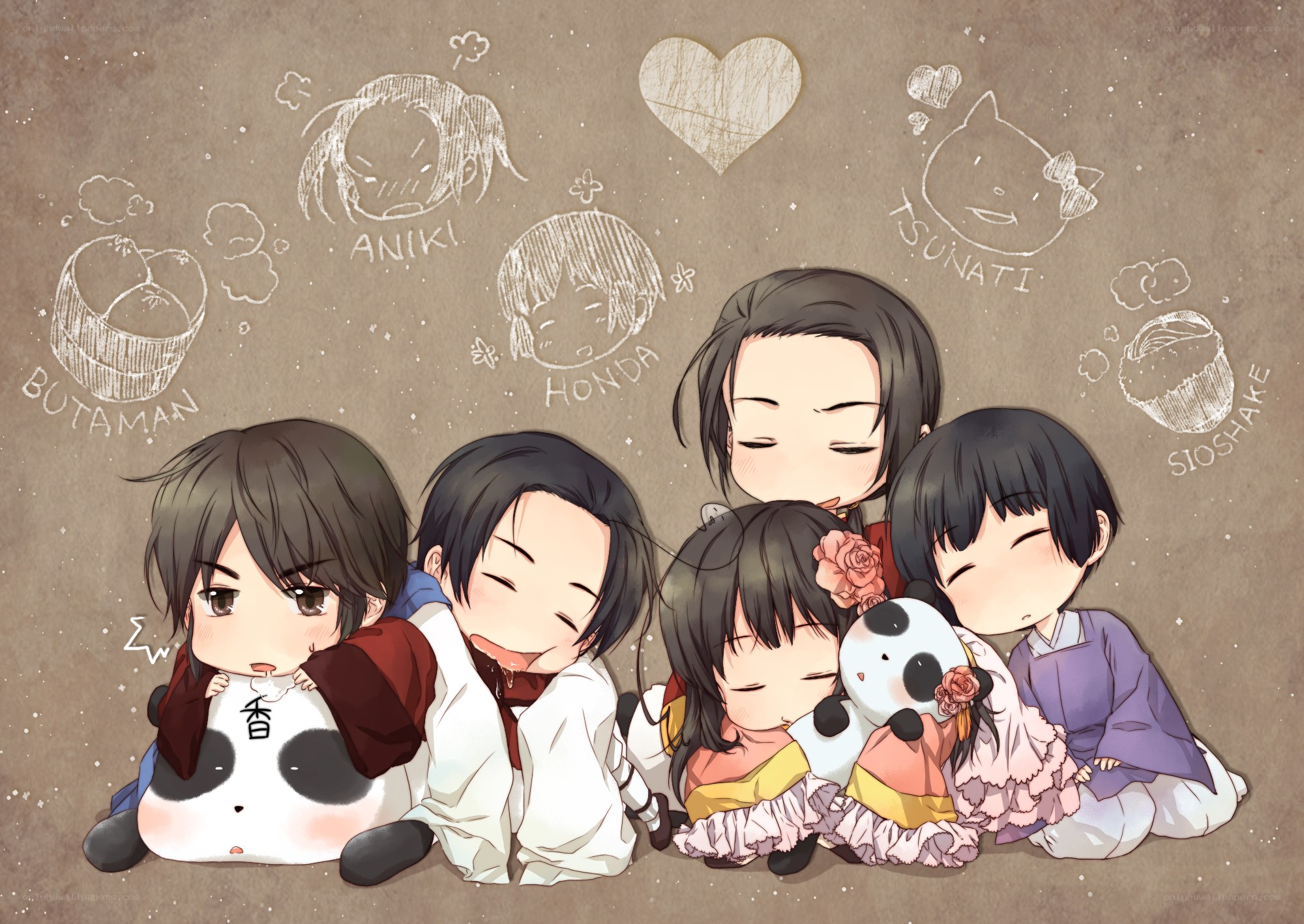Chibi anime characters hugging