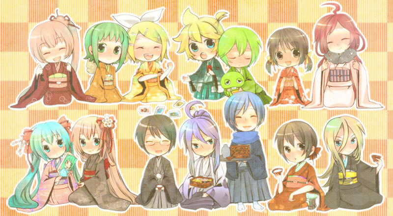 Chibi anime characters in kimonos