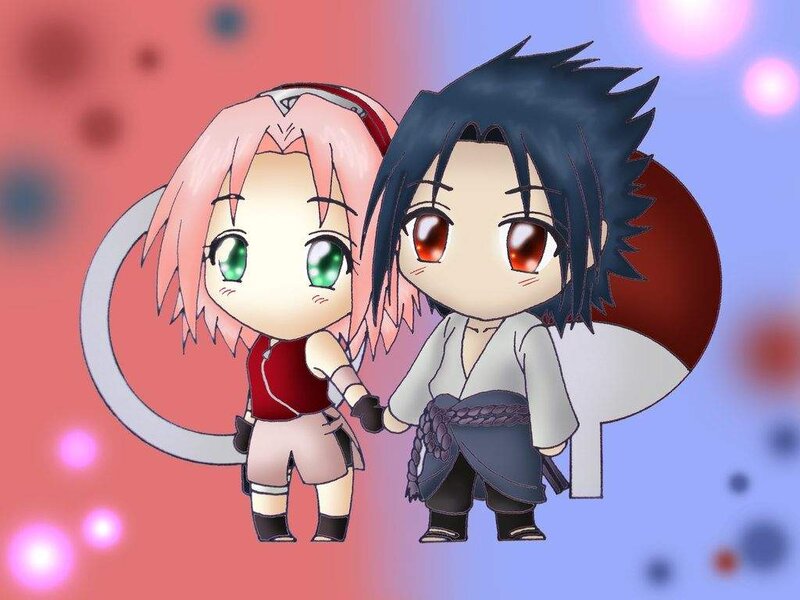 Chibi Anime Characters — Red, Playful, Digital Art, Holding Hands