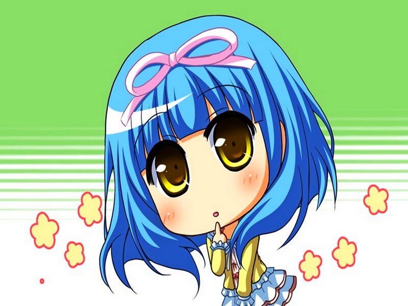 Chibi Anime Girl — Blue, Playful, Blue Hair, Pink Bow