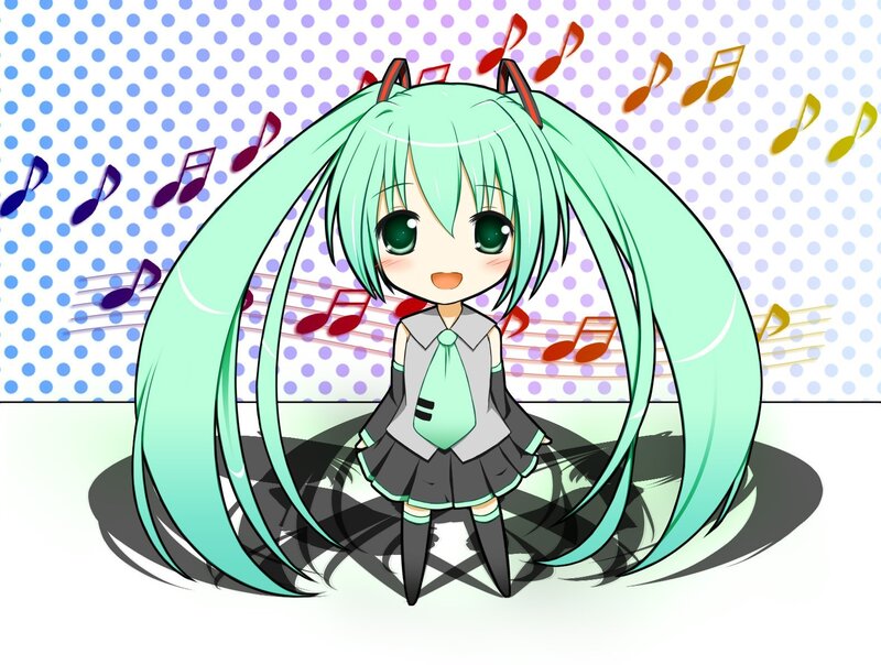 Chibi Anime Girl — Green, Cheerful, Music Notes, Polka Dots