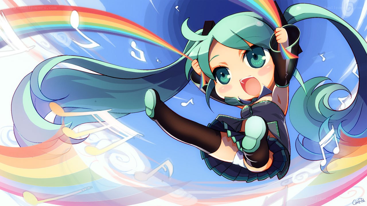 chibi anime girl with rainbow