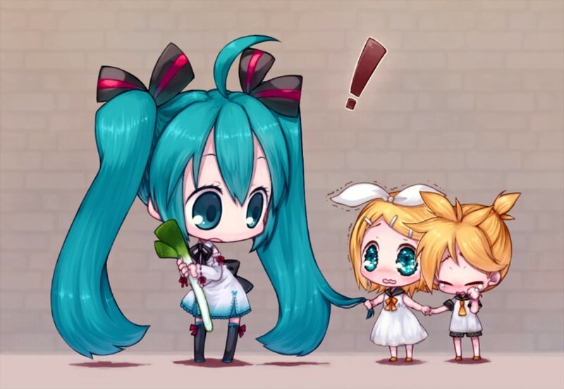 Chibi Anime Girls — Blue, Playful, Digital Art, Green Vegetable