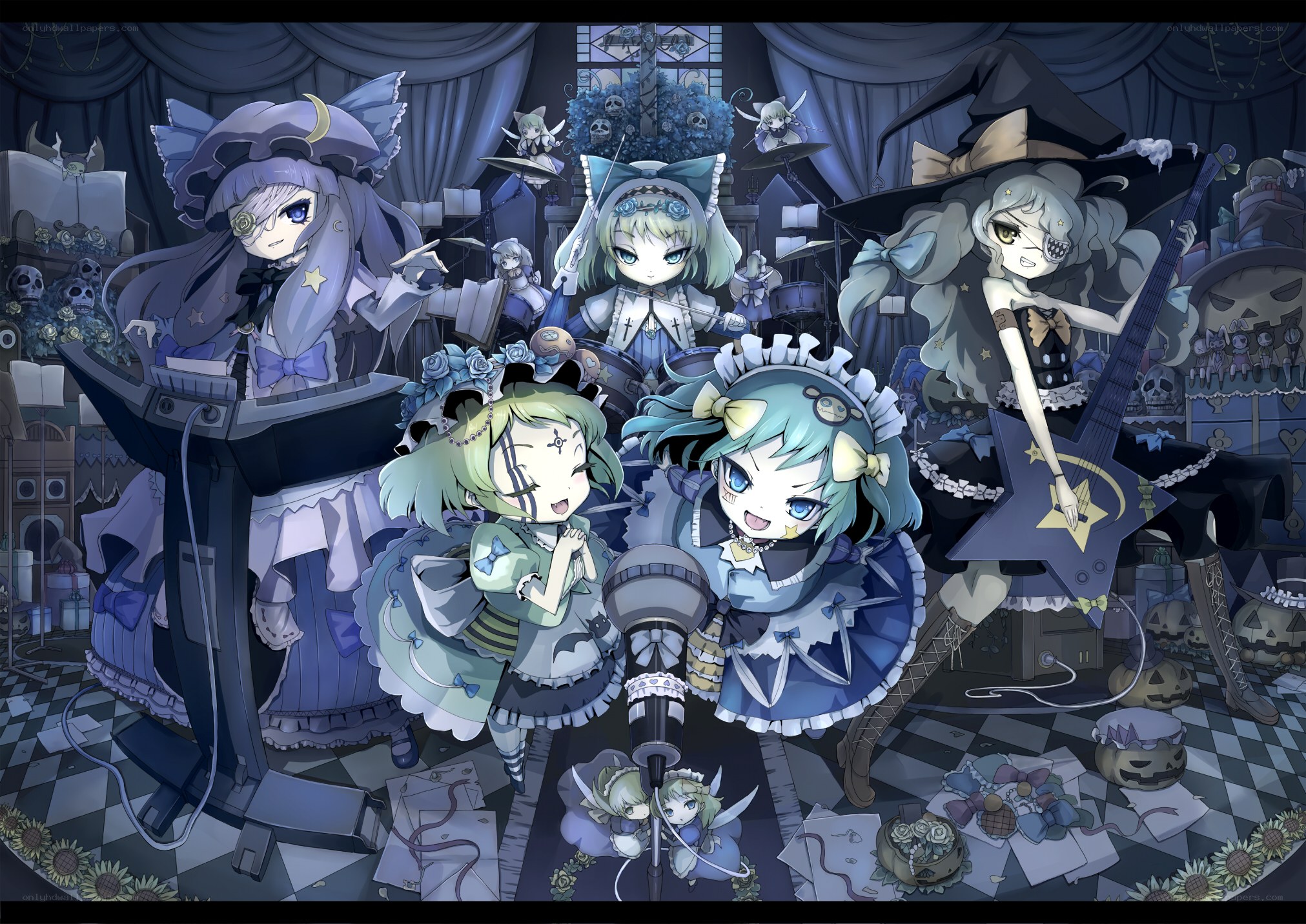 Chibi band in a gothic room
