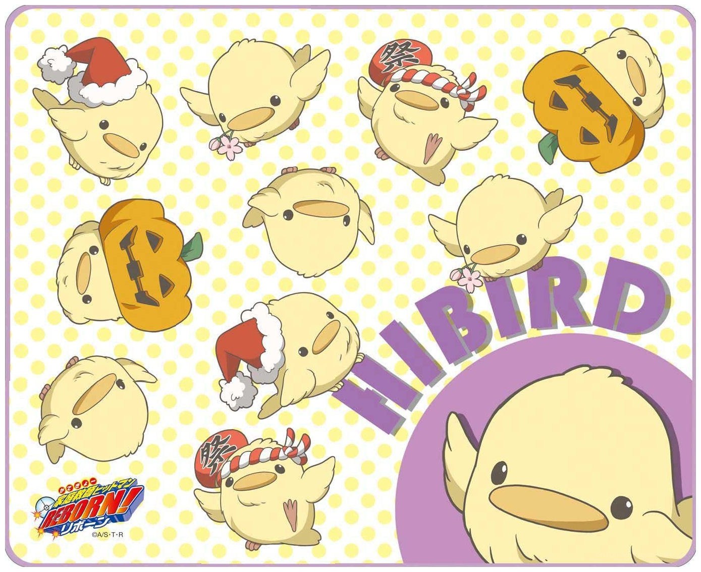 Chibi bird characters in festive hats