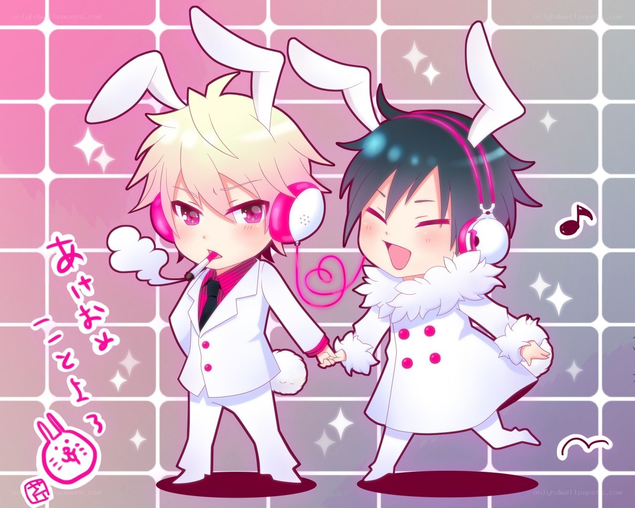 Chibi bunny characters dancing