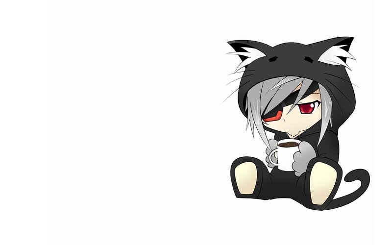 chibi cat-eared character with coffee