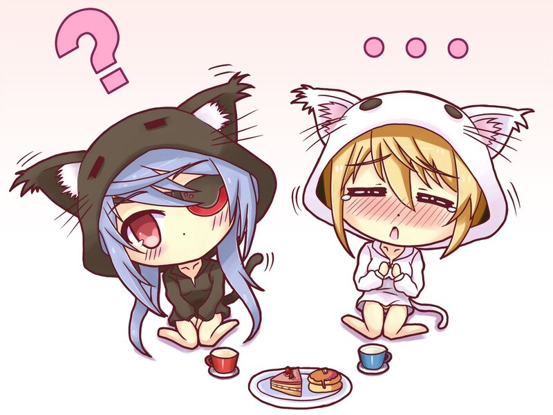 Chibi cat-eared characters at tea time