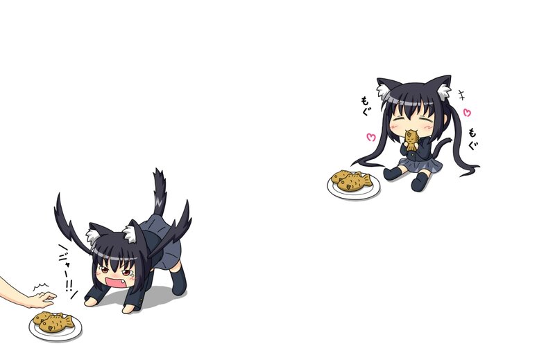 Chibi Cat Girl Eating Fish — Black