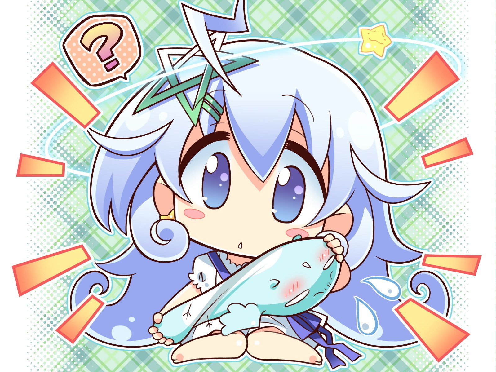 Chibi character holding a fish
