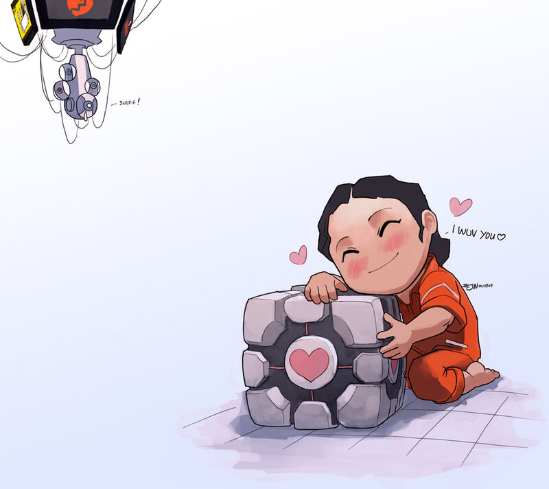 Chibi character hugging a cube