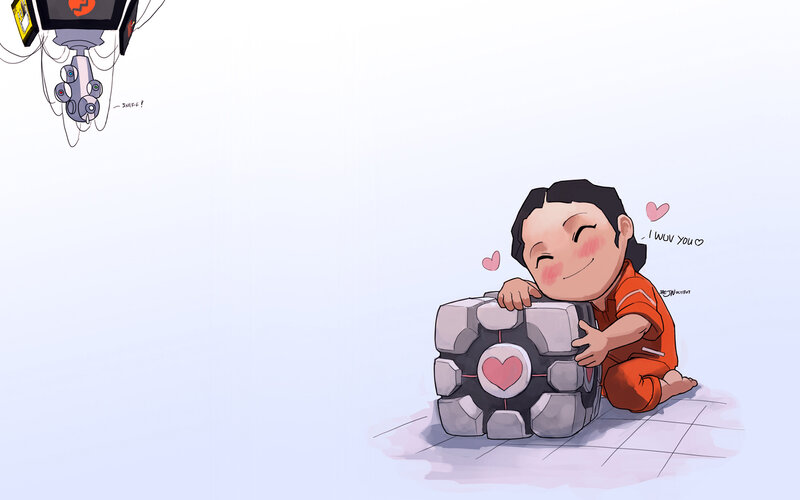 Chibi character hugging a cube