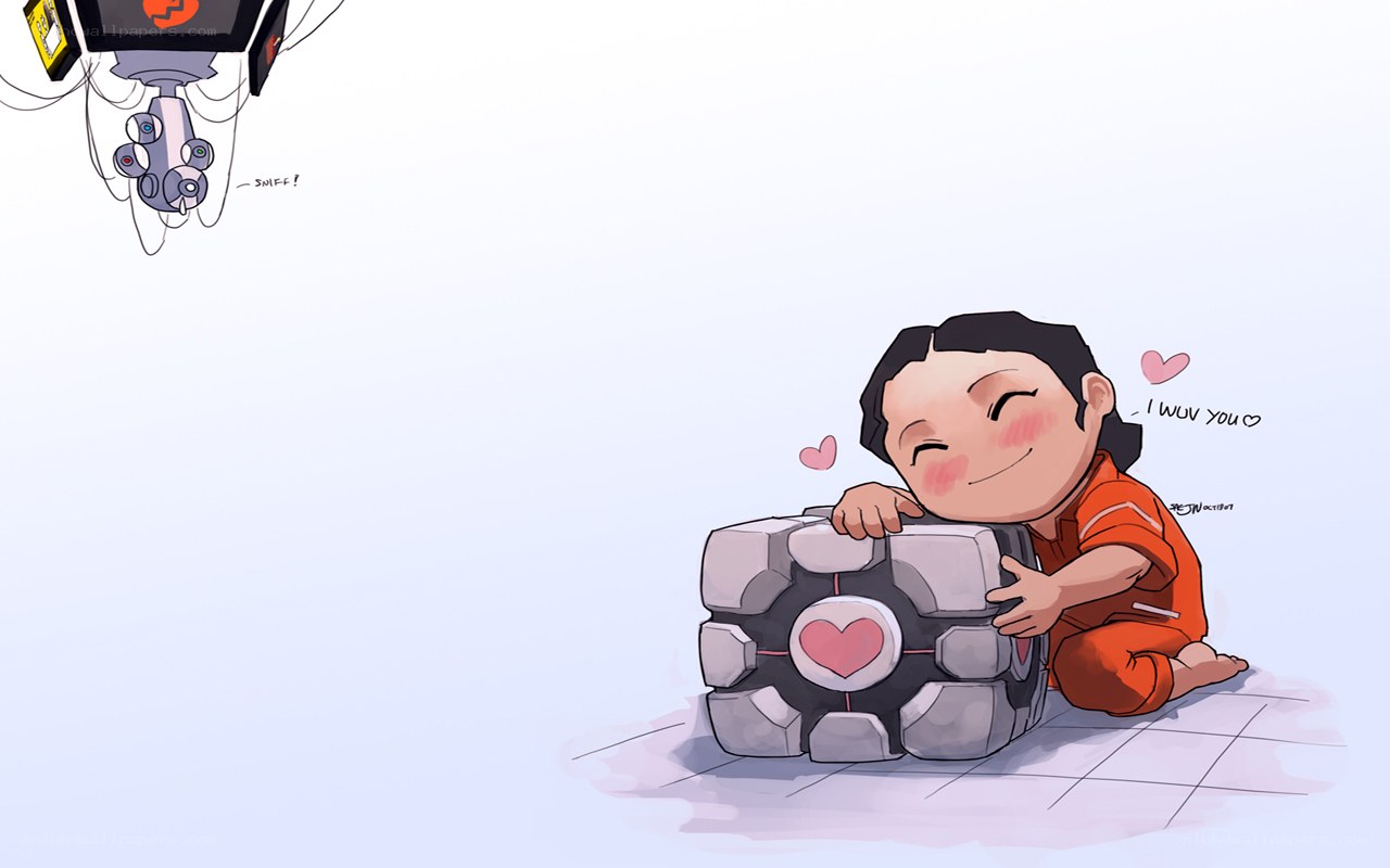 Chibi character hugging a robot