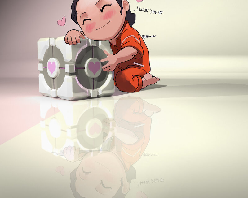 Chibi Character Hugging Cube — White, Cute, Digital Art