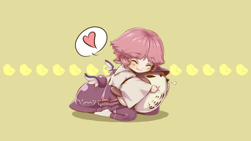 Chibi character hugging plushie