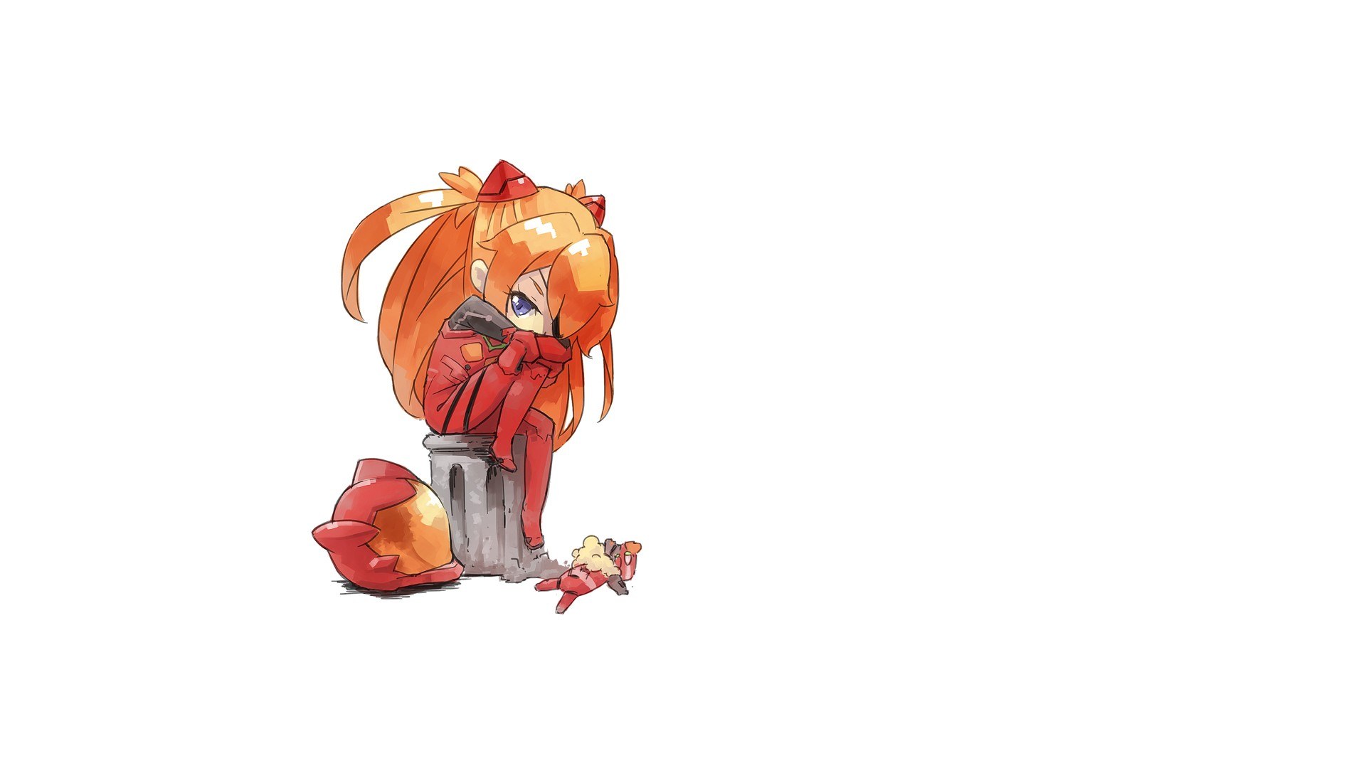 chibi character sitting on a trash can