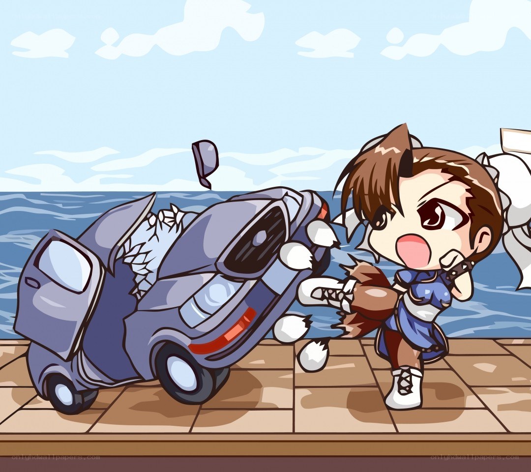 Chibi character smashing car