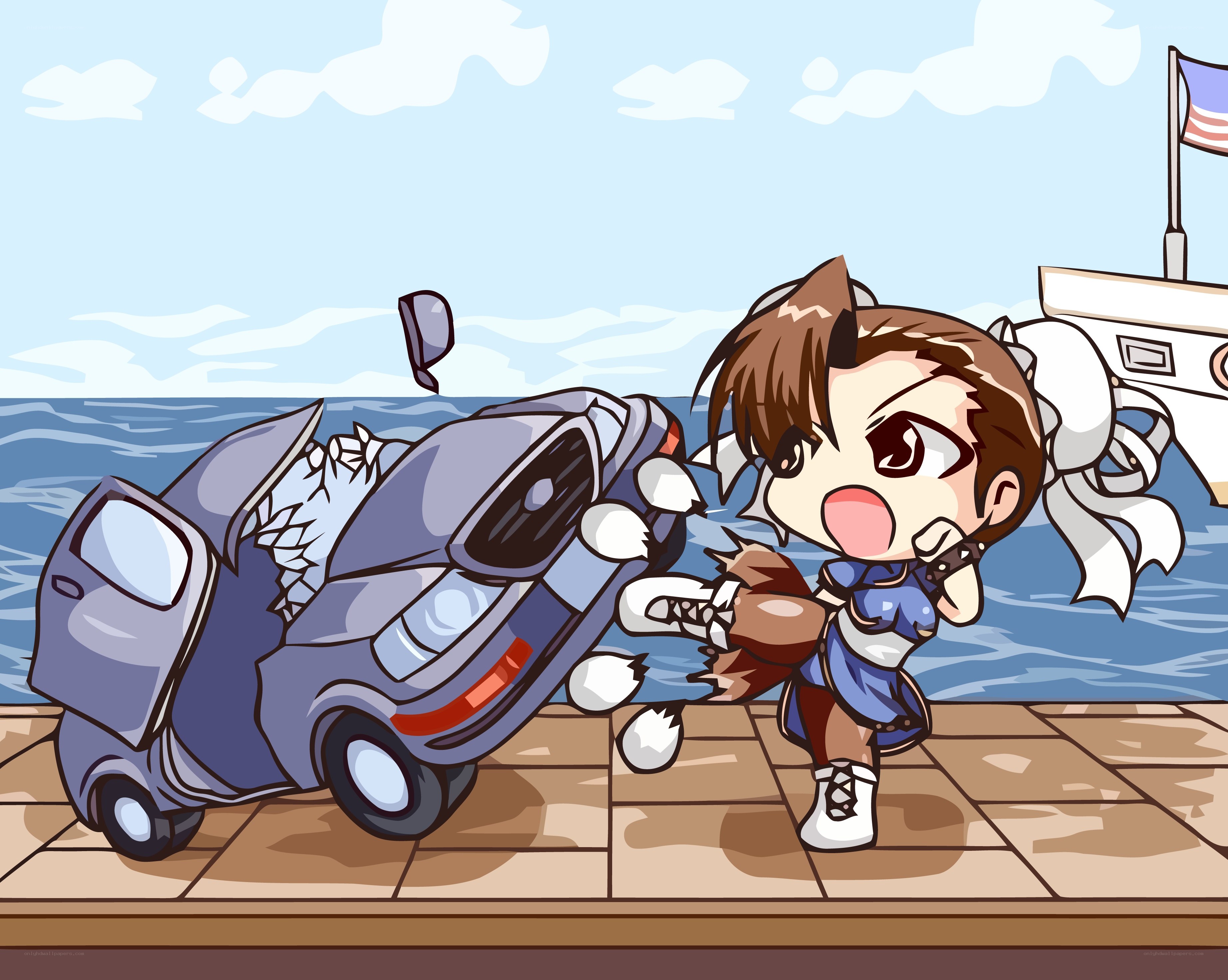 Chibi character smashing car