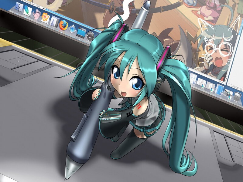 Chibi Character with Pen — Cyan