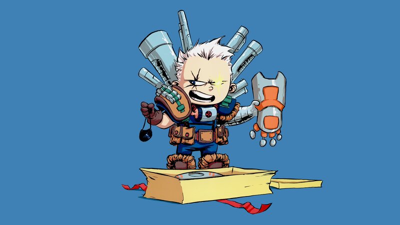 Chibi Character with Weapons — Blue