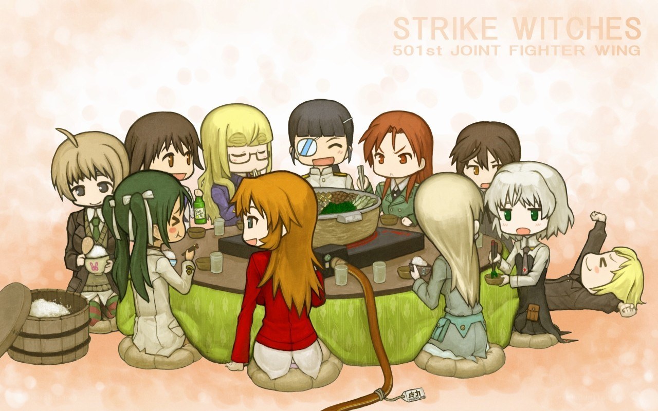 Chibi characters at a dinner table