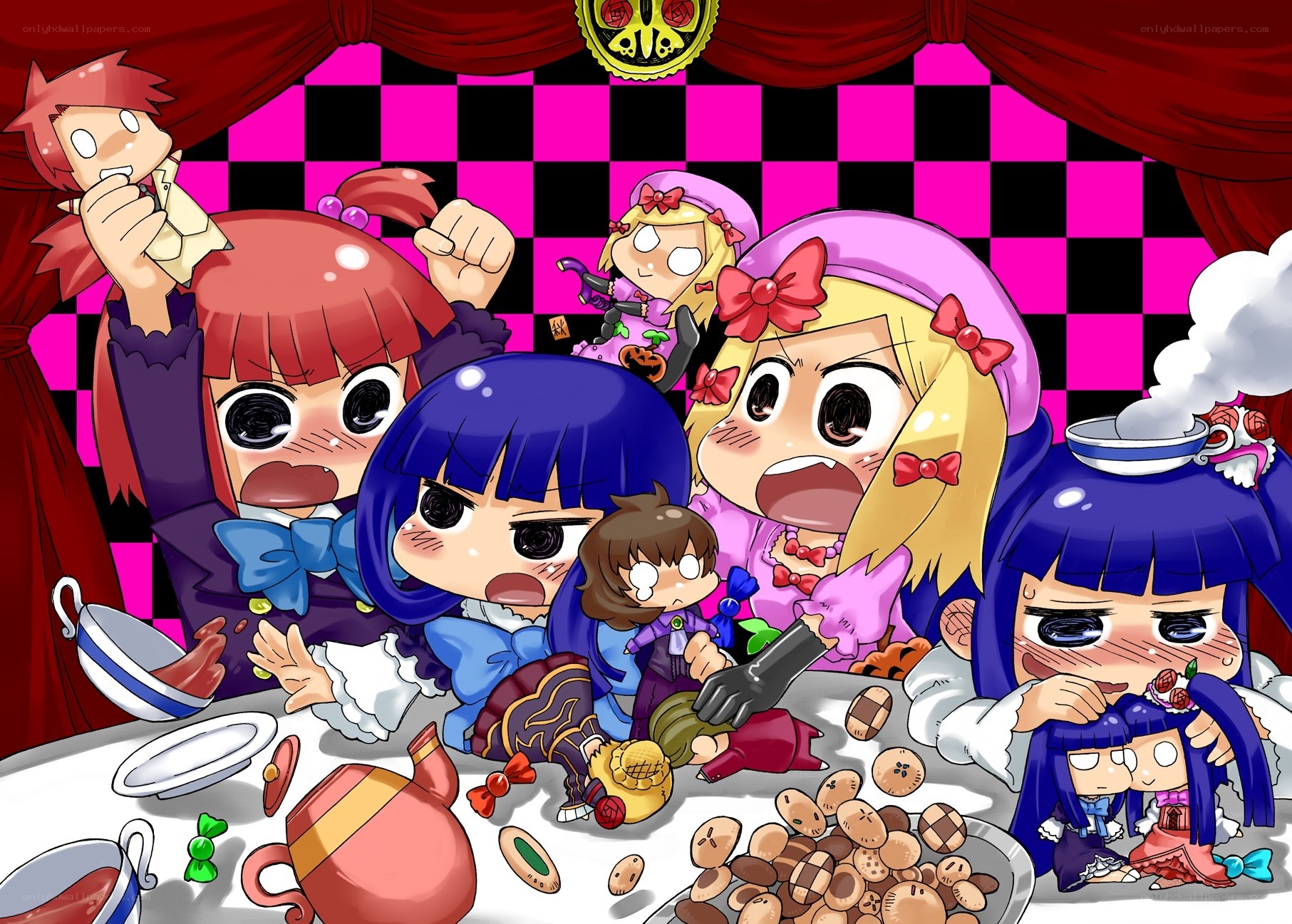 Chibi characters at a tea party