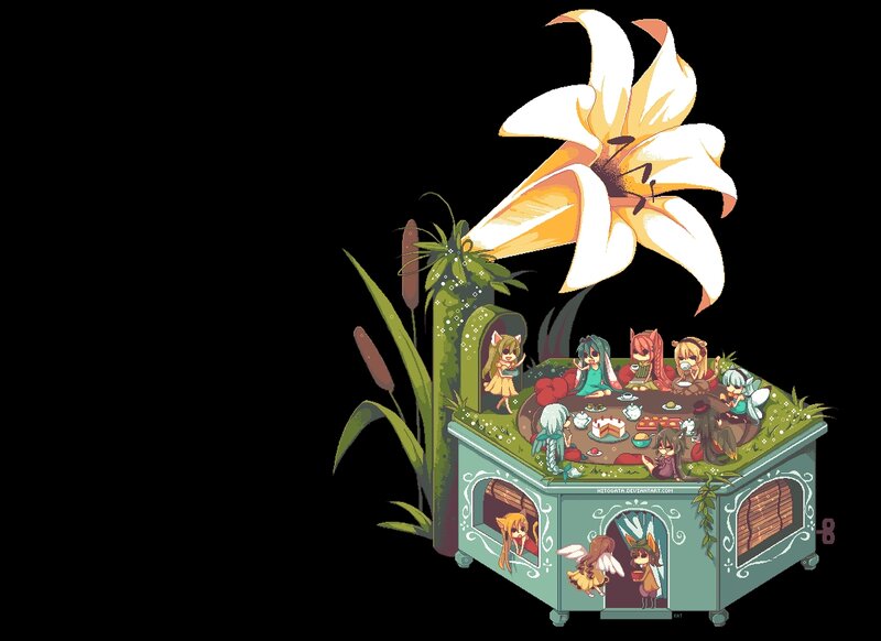 Chibi Characters at Tea Party — Green, Whimsical
