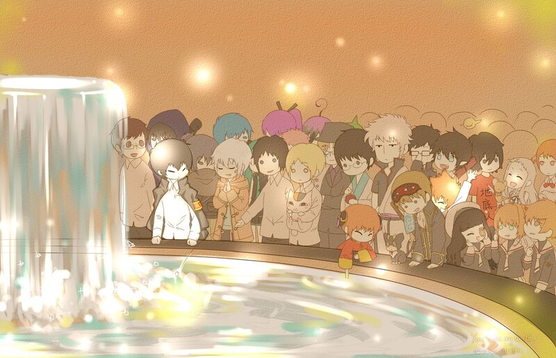 Chibi characters by a fountain
