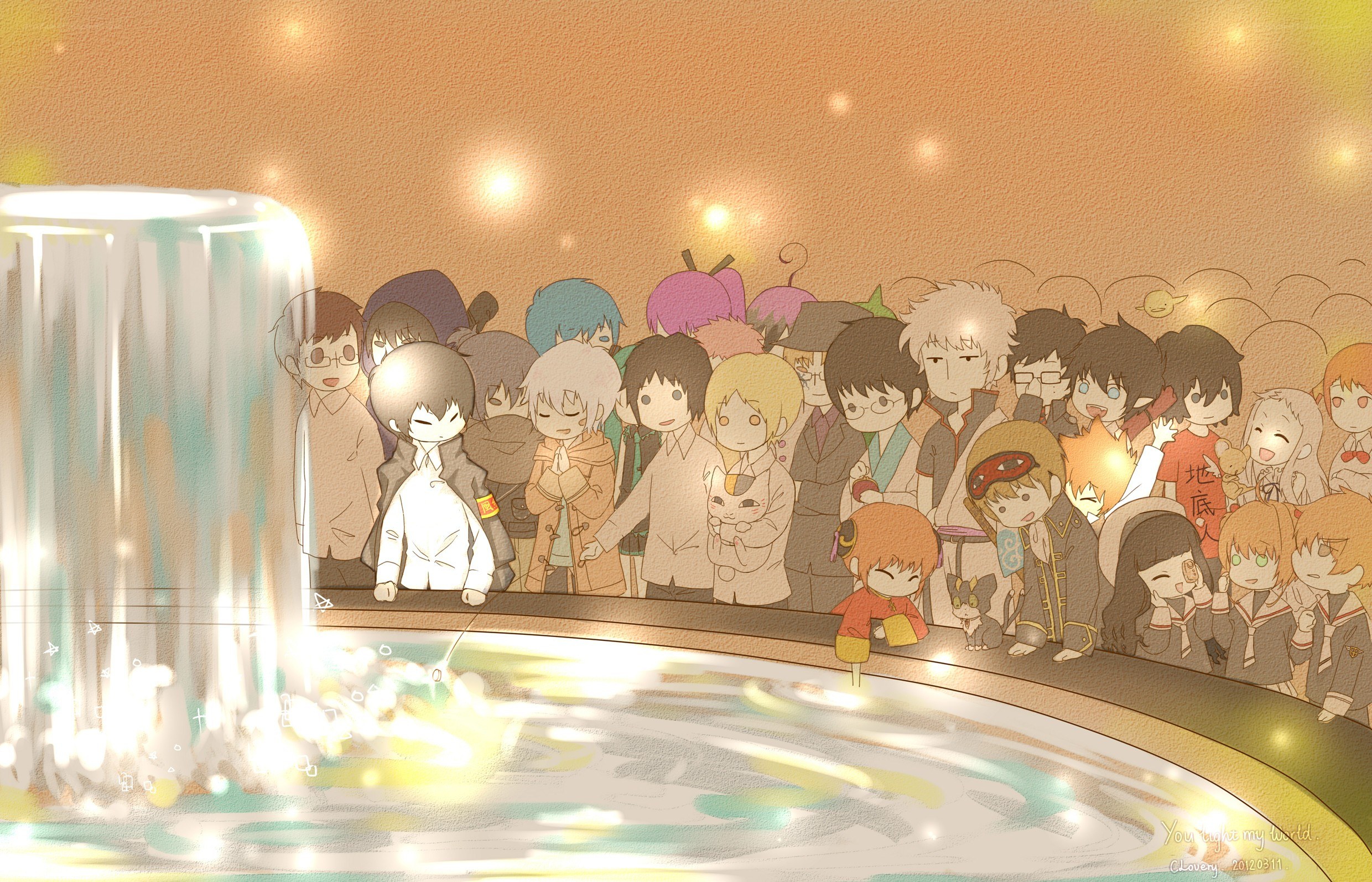 Chibi characters by a fountain
