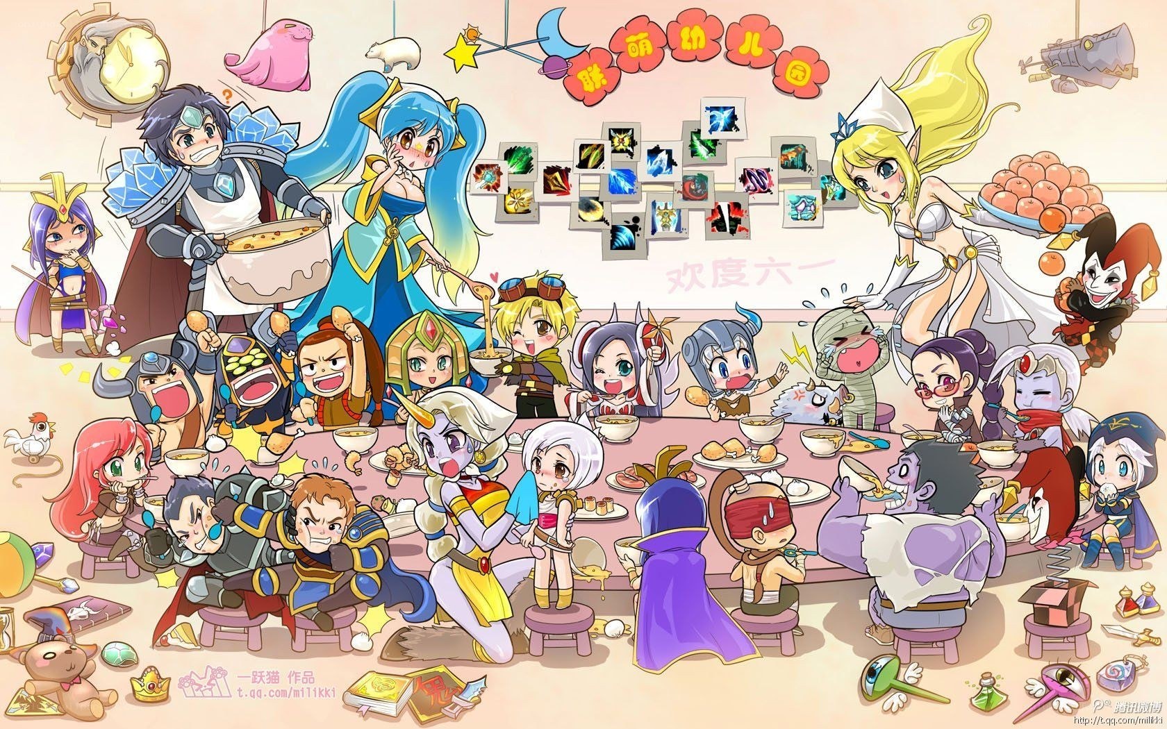 Chibi characters celebrating at a party