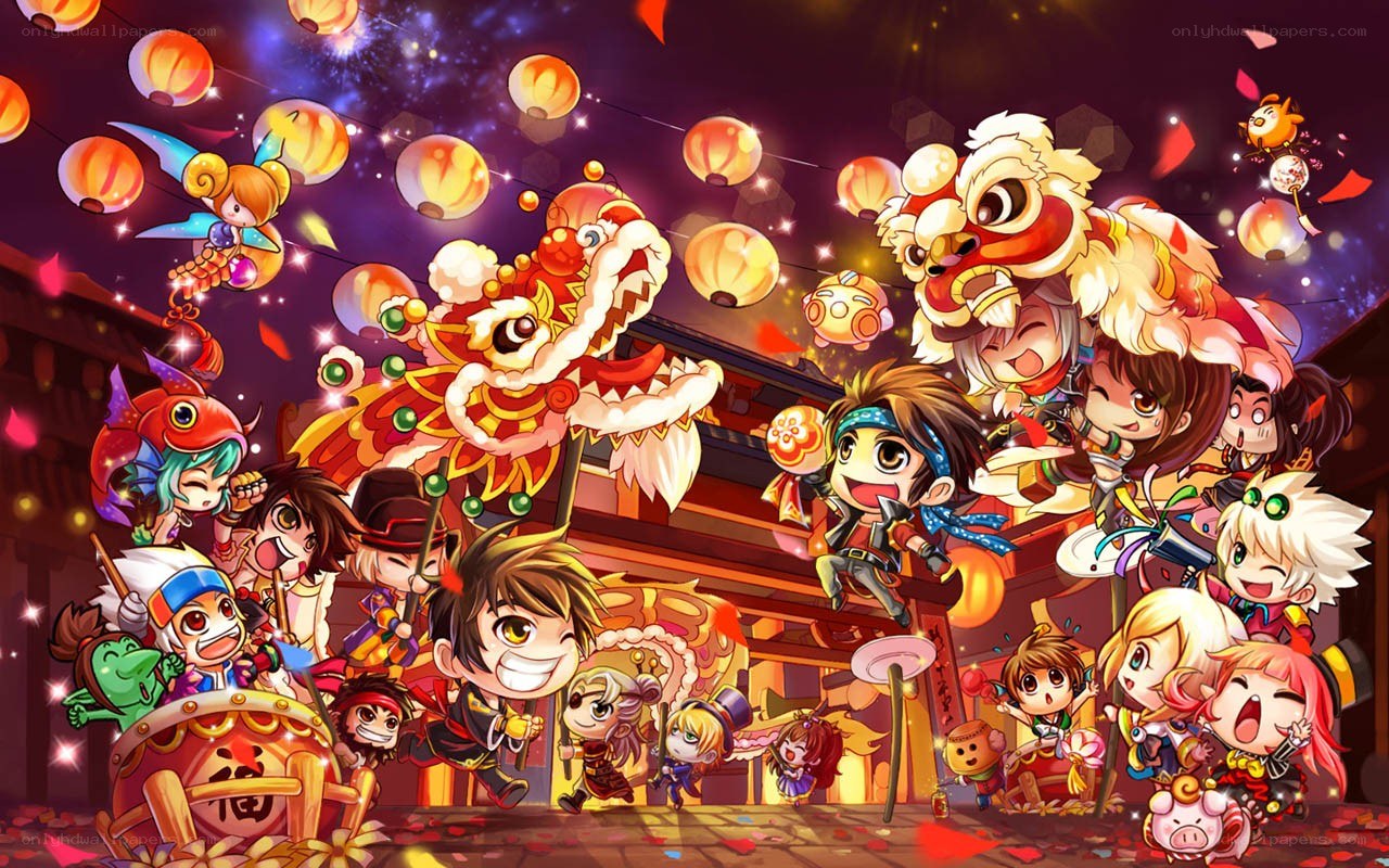Chibi characters celebrating festival